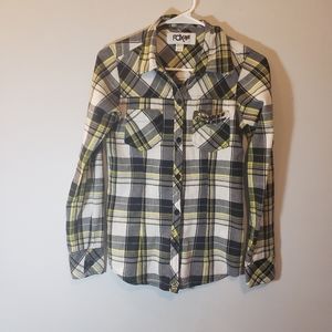FOX Racing Ladies Button Front Plaid Shirt. Pocket Bling. Size XS